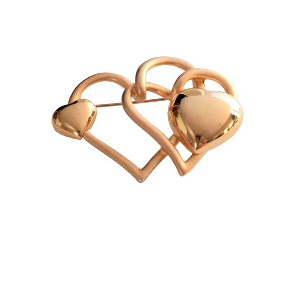 Heart Brooch Pin Joined Hearts Gold Tone Brushed and Polished Love Family - Picture 3 of 4